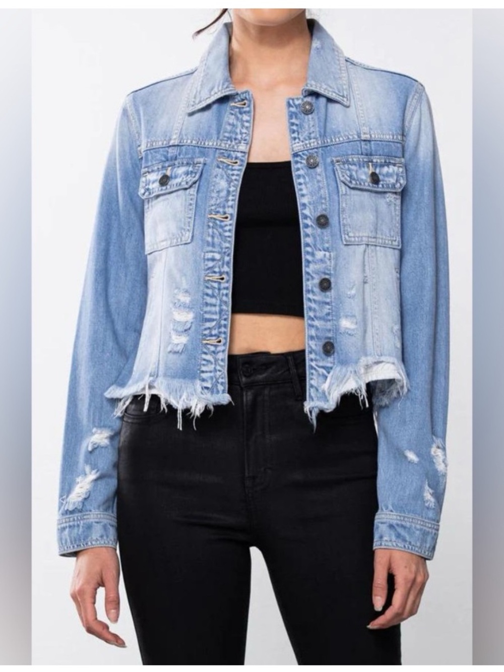 Hidden Jeans Light Blue Distressed Cropped Denim Jacket